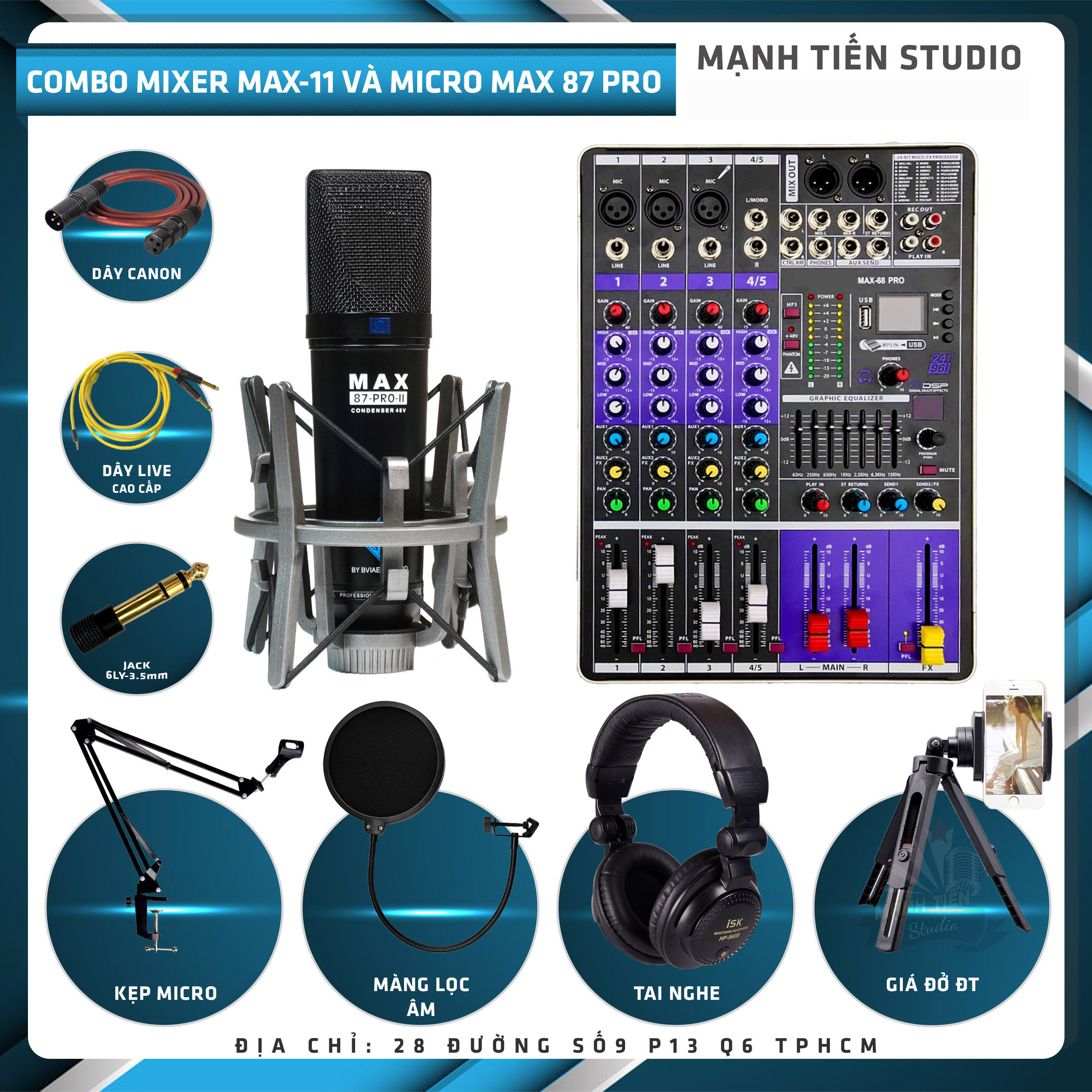 Combo thu âm, livestream Micro Max 87-Pro-II 2022, Mixer Max 68 Pro - Kèm full phụ kiện tai nghe ISK 906B, kẹp micro, màng lọc, giá đỡ ĐT, dây canon, dây livestream - Hỗ trợ thu âm, karaoke online chuyên nghiệp - Hàng nhập khẩu