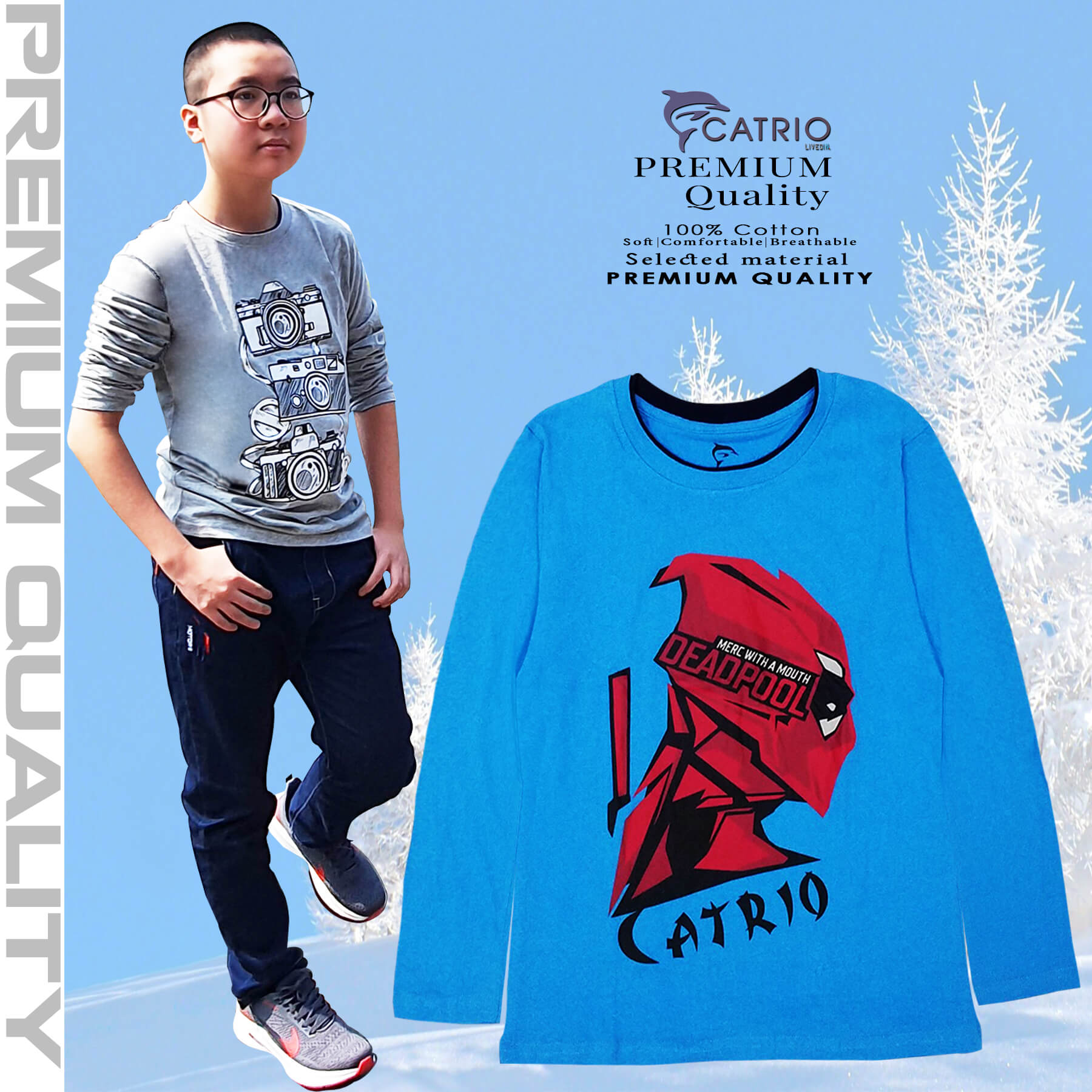 ÁO PHÔNG DÀI TAY BÉ TRAI CATRIO hình DEADPOOL, màu XANH BIỂN là áo thun cotton dài tay trẻ em từ 9 tuổi đến 12 tuổi  thuộc BST quần áo trẻ em mùa thu đông CATRIO kết hợp với quần dài quần bò = bộ đồ mùa thu đông bé trai mặc đẹp