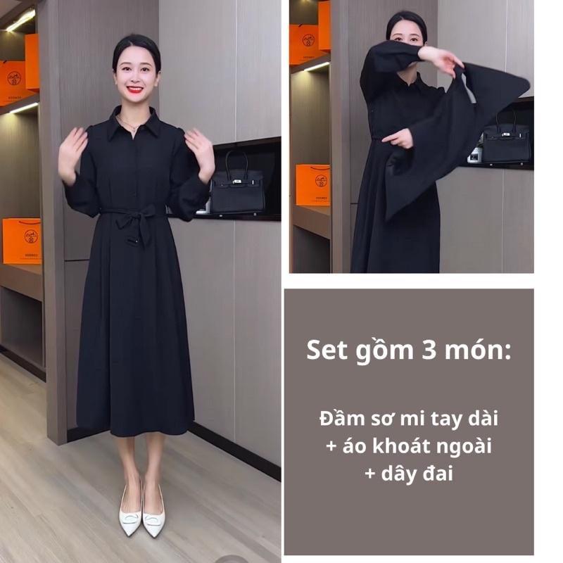 Set Đầm Váy Sơ Mi Bigsize Thiết Kế Tay Dài Với Áo Khoát Gile Dày Dặn, Lịch Sự