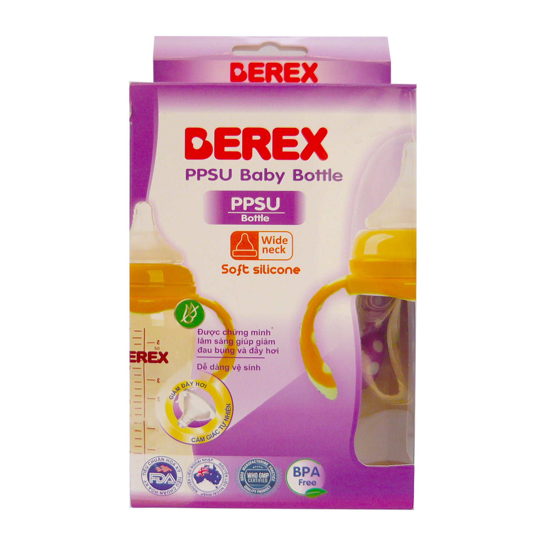 Bình sữa Nhựa PPSU PLUS Berex cao cấp cổ rộng, mô phỏng tự nhiên cho bé từ 3 tháng (240ml)- có Quai màu ngẫu nhiên