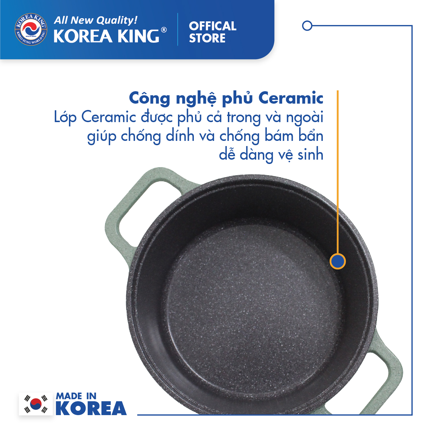Nồi nấu Levante đáy từ Korea King KP-20LI(Nồi, nắp bằng nhôm đúc, phủ men chống dính Ceramic, Ø20cm)