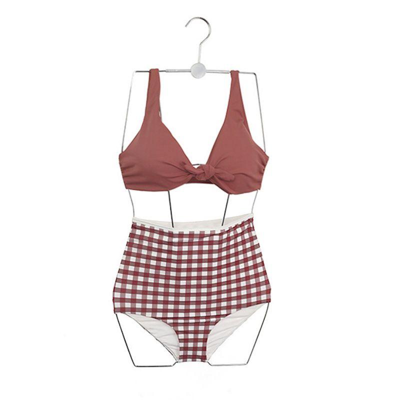 Nemo Bikini - Đồ bơi nữ, áo tắm, đồ bơi 2 mảnh tôn dáng buộc nơ kẻ đỏ gạch
