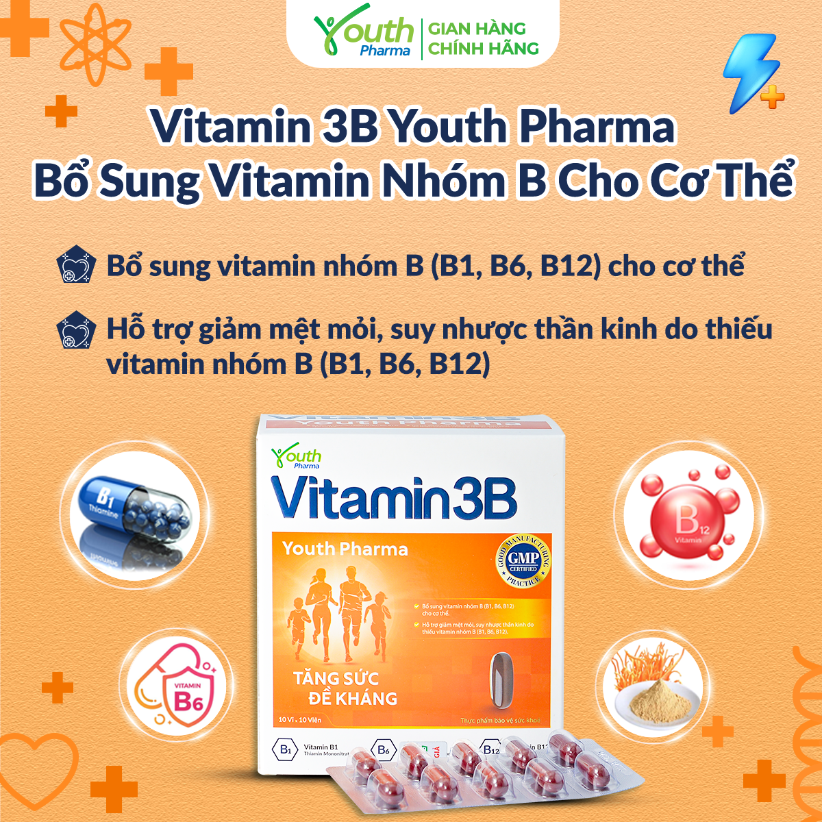 Viên Uống Vitamin 3B Youth Pharma Bổ Sung Vitamin Nhóm B (B1, B6, B12) - Hộp 100 Viên