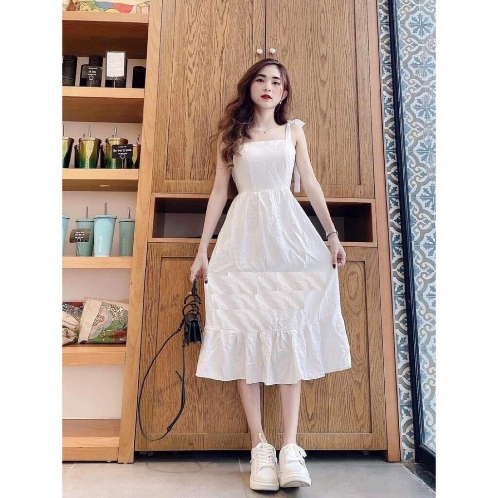 Đầm trắng phối nơ đuôi cá nữ - Váy 2 dây tầng xòe, babydoll điệu đà dáng suông ulzzang SIÊU ĐẸP