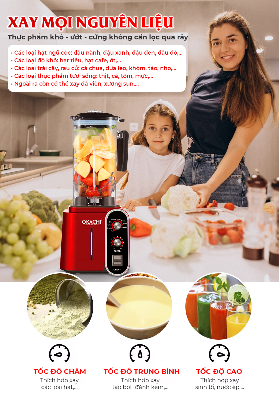 Máy xay công suất lớn OKACHI JP-B22 2200W (màu đỏ) - Hàng chính hãng