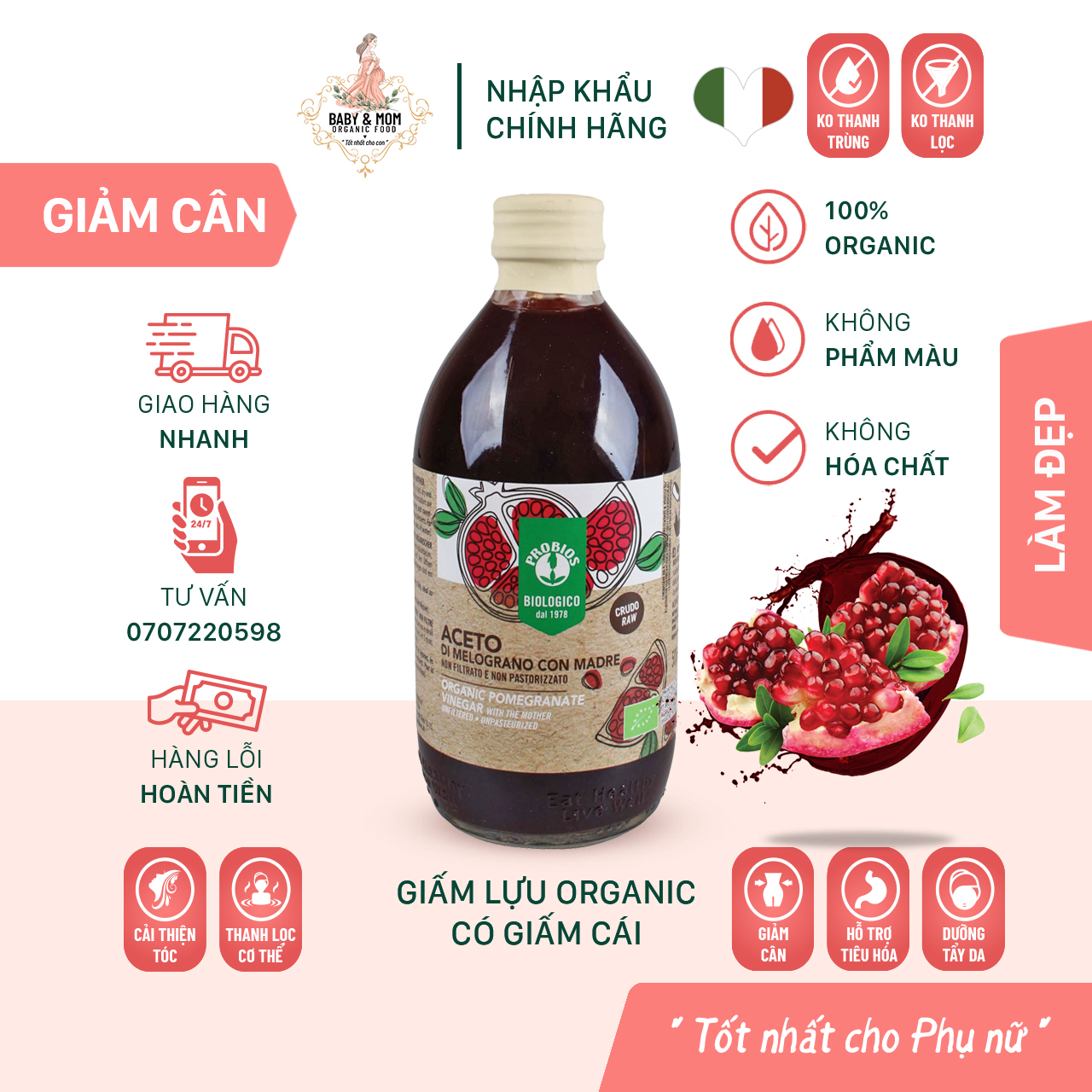 Giấm Lựu Hữu Cơ Có Giấm Cái 500ml ProBios Organic