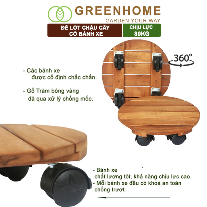 Đế lót chậu cây có bánh xe, bằng gỗ, chịu lực 80kg, R30xC8cm |Greenhome