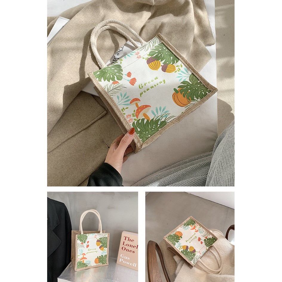 Túi Cói In Họa Tiết Siêu Xinh Mang Phong Cách Vintage Cho Nữ - Tặng 1 gương mini cầm tay ( mẫu ngẫu nhiên)