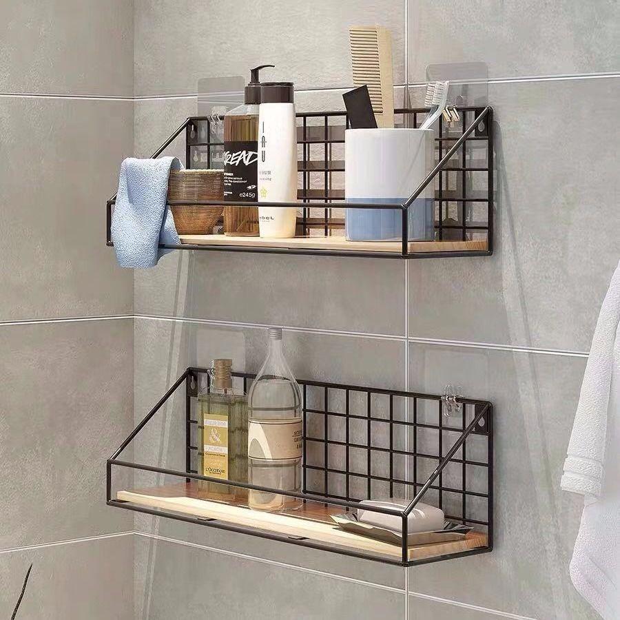 Kệ Sắt Đáy Gỗ Treo Tường Trang Trí, Kệ Để Đồ Đa Năng Có Rào Chắn Tặng Kèm Đinh Và Miếng Dán