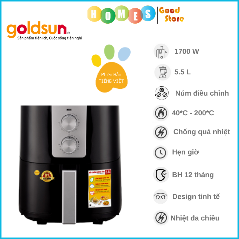 Nồi Chiên Không Dầu GOLDSUN GAF5841-M Dung Tích 5.5 Lít Công Suất 1700 W - Hàng Chính Hãng