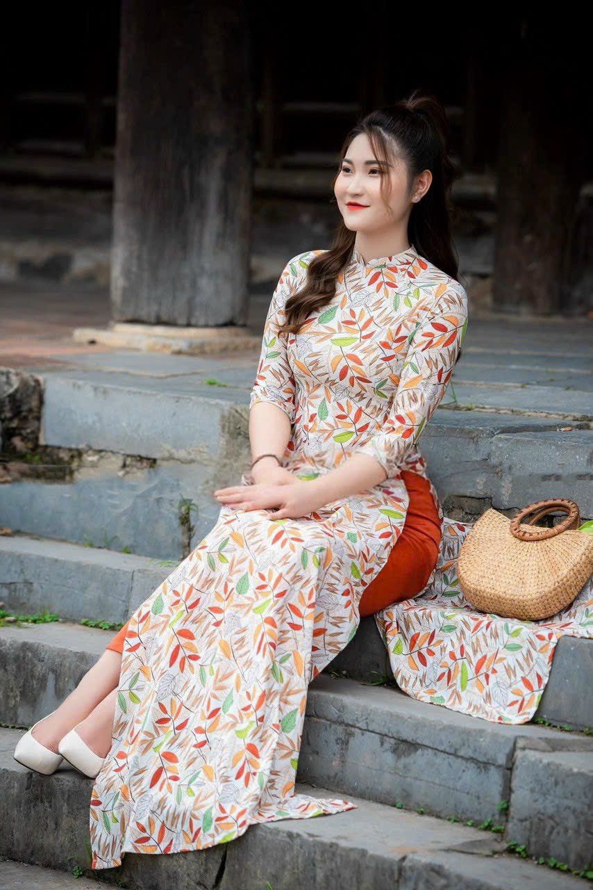 SÉT ÁO DÀI IN HỌA TIẾT LÁ TRE TẶNG KÈM QUẦN CAO CẤP