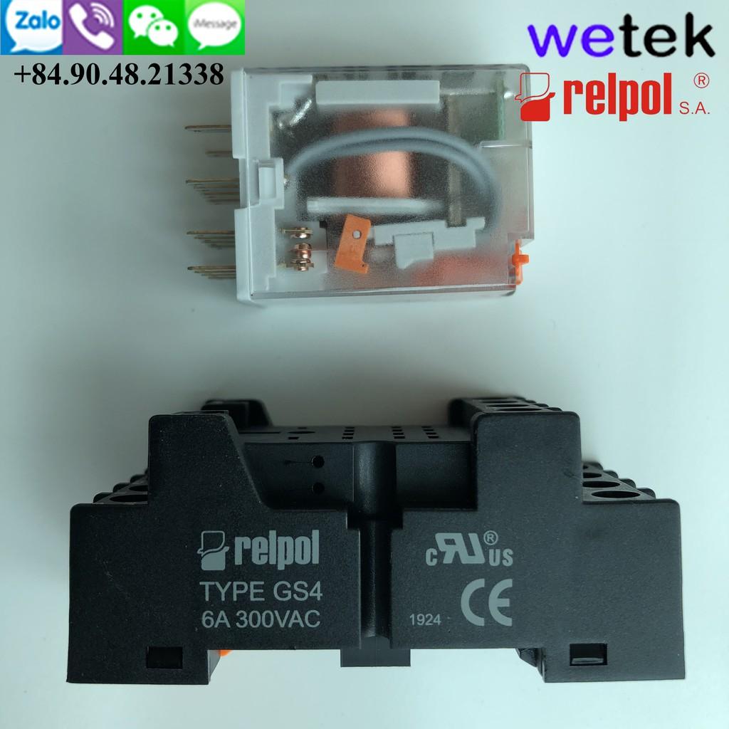Relay trung gian 4 cặp tiếp điểm 7A Relpol made in Poland R4N kèm đế, cuộn hút 220Vac
