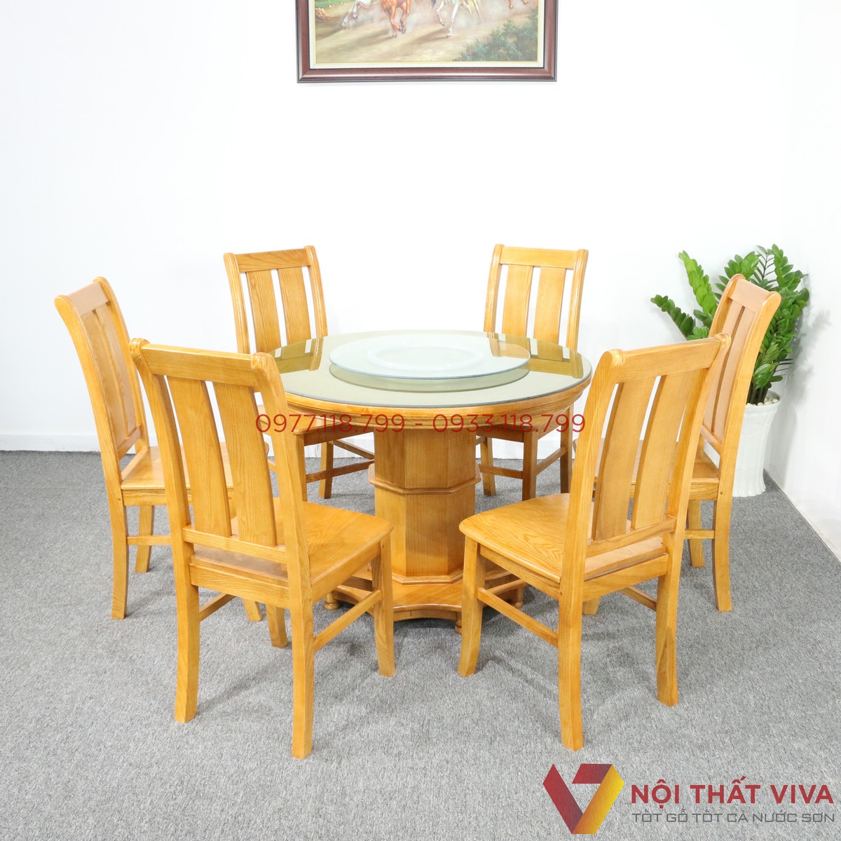 Bàn Ăn Tròn Gỗ Sồi 6 Ghế Màu Tự Nhiên Đẹp