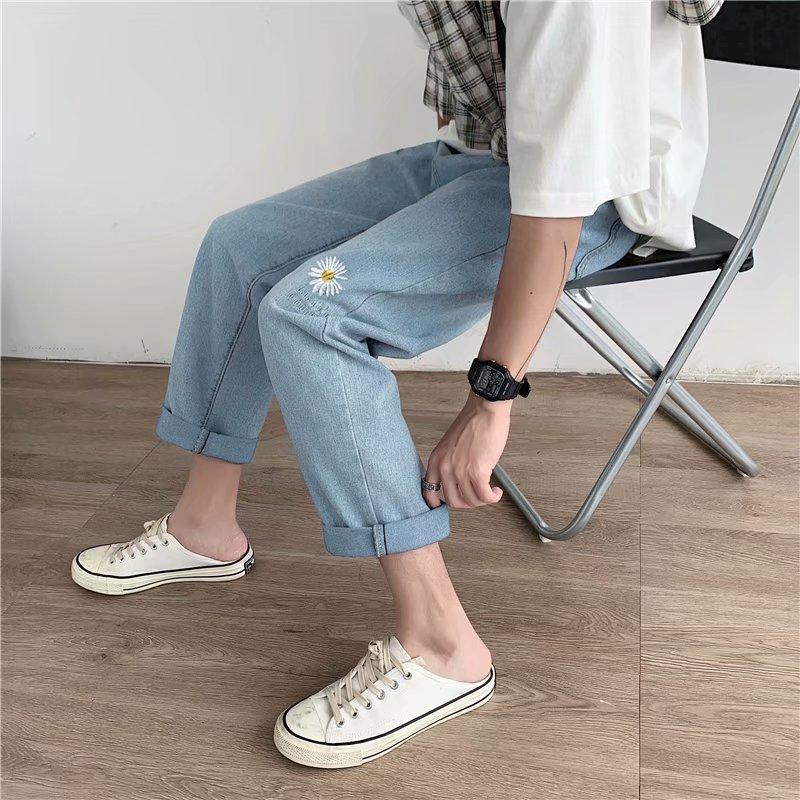 Quần Jean Ống Rộng Thêu Họa Tiết Hoa Cúc Thời Trang Dành Cho Nam