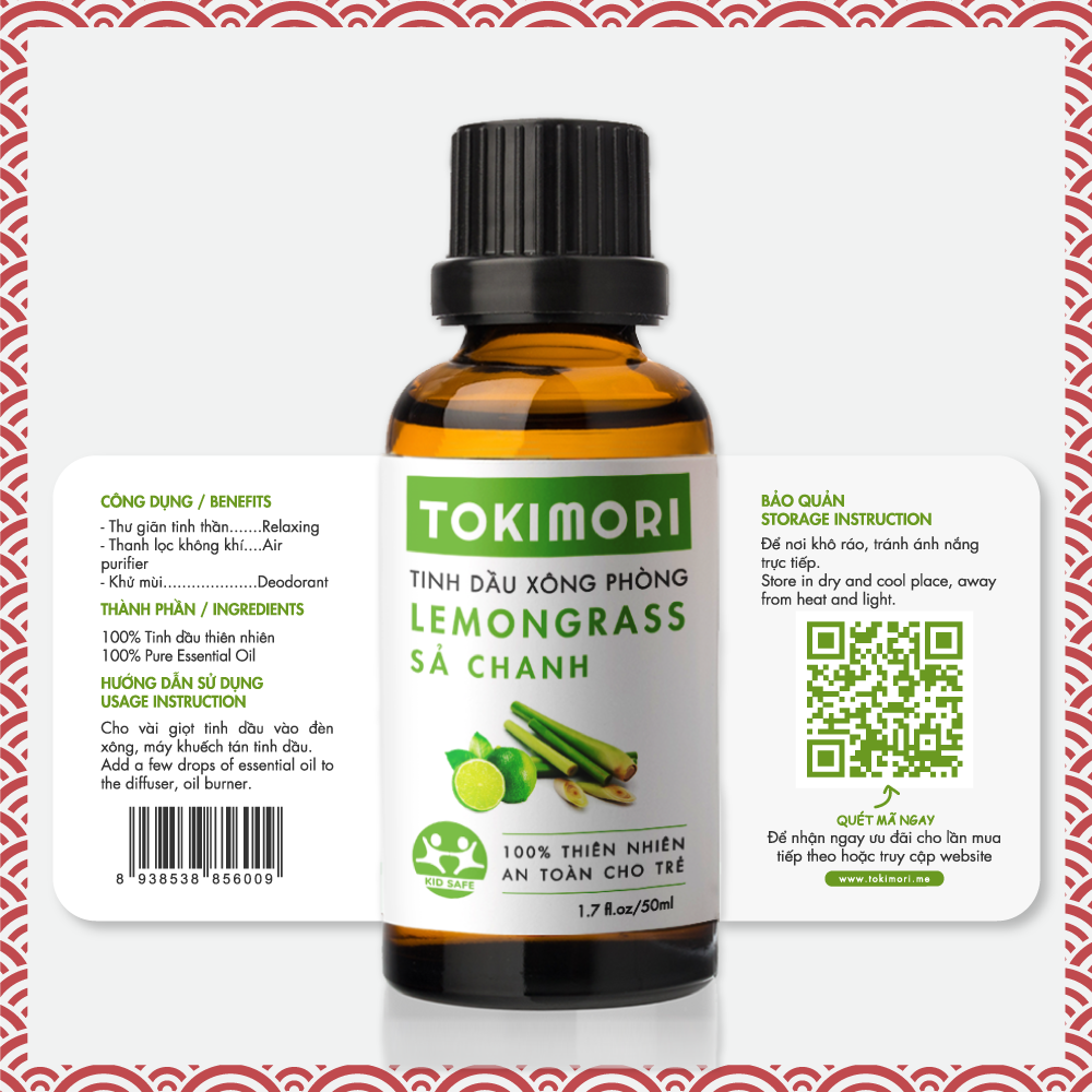 Tinh Dầu Sả Chanh TOKIMORI Xuất Khẩu Nhật Bản (50ml) 100% Thiên Nhiên, An Toàn Cho Trẻ, Xông Phòng, Khử Mùi, Kháng Khuẩn, Đuổi Muỗi, Giải Cảm