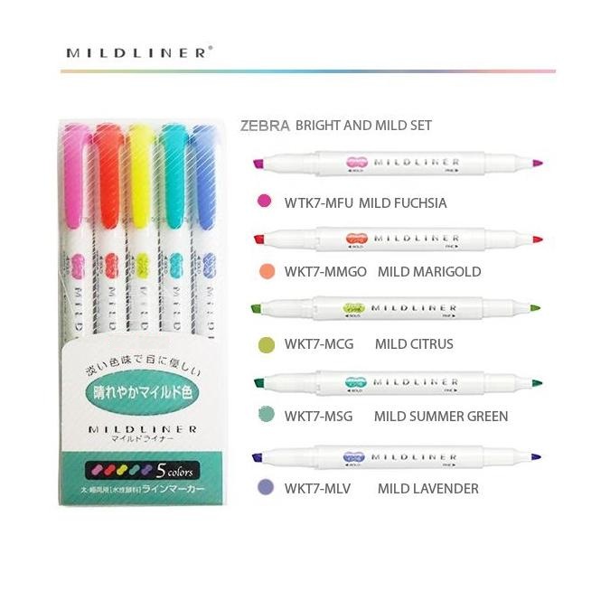 Set 5 Bút đánh dấu hai đầu Zebra highlight Mildliner tem xanh lá