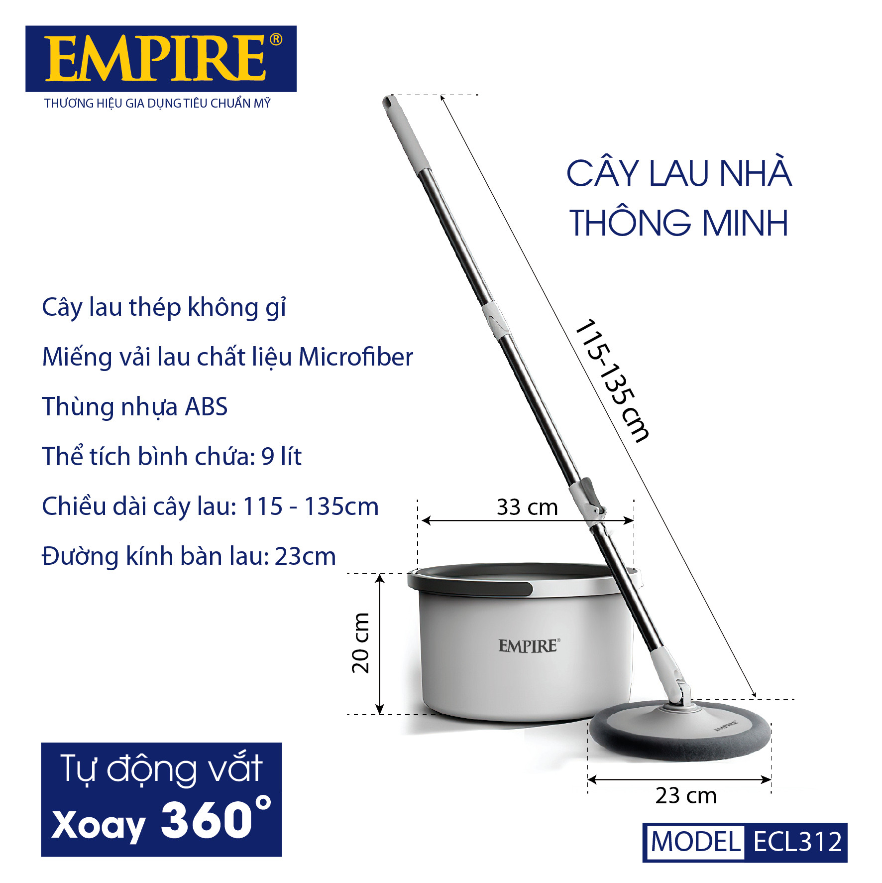 CÂY LAU NHÀ TIẾT KIỆM NƯỚC, TÁCH NƯỚC BẨN THÔNG MINH TỰ ĐỘNG GIẶT, XOAY 360 ĐỘ EMPIRE 312. BỘ SẢN PHẨM ĐI KÈM 2 BÔNG LAU- HÀNG CHÍNH HÃNG.