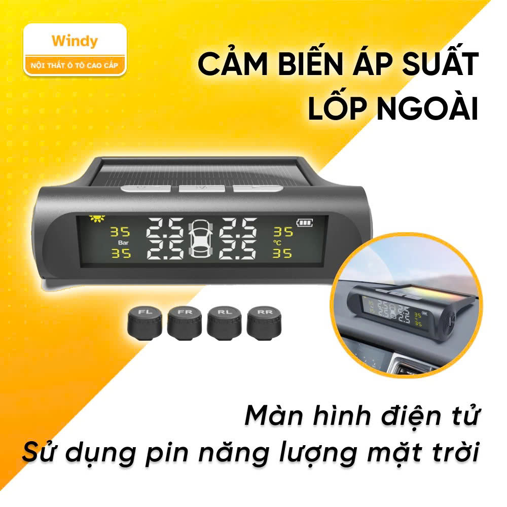 Bộ Cảm Biến Áp Suất Lốp Ô Tô Năng Lượng Mặt Trời – Không Dây, Dễ Lắp, Cảnh Báo Chính Xác, đèn
