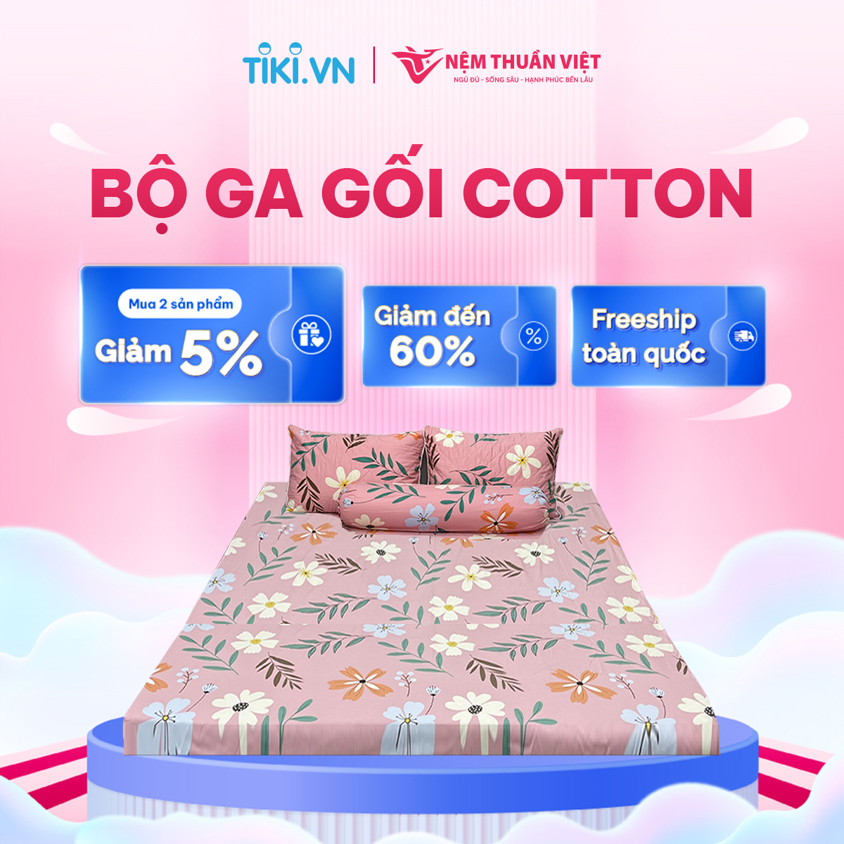 Bộ Ga Gối 100% Cotton Thuần Việt - Hồng COT05