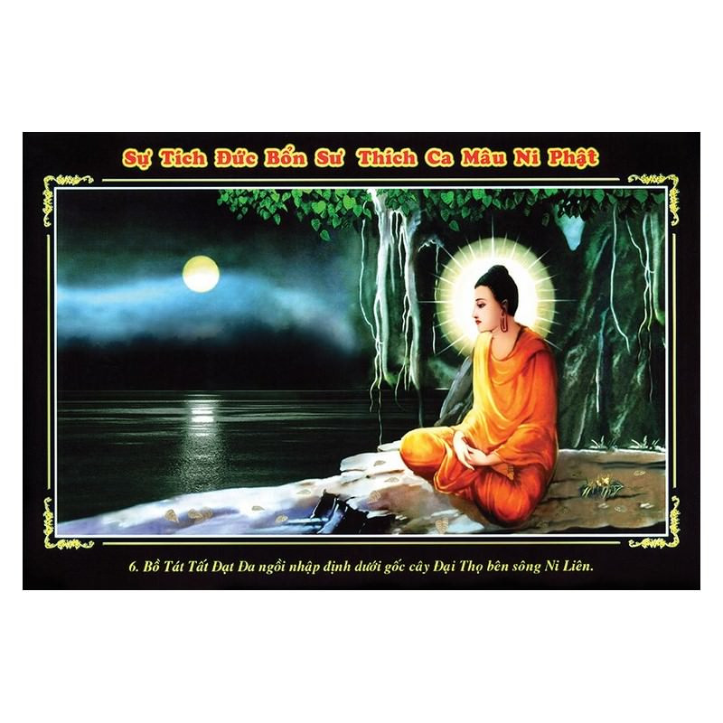 Tranh treo tường trang trí nhà cửa mẫu Phật thích ca mâu ni ngồi thiền bên bờ sông, Tranh Phật Giáo Phật Thích Ca Mâu Ni 2062