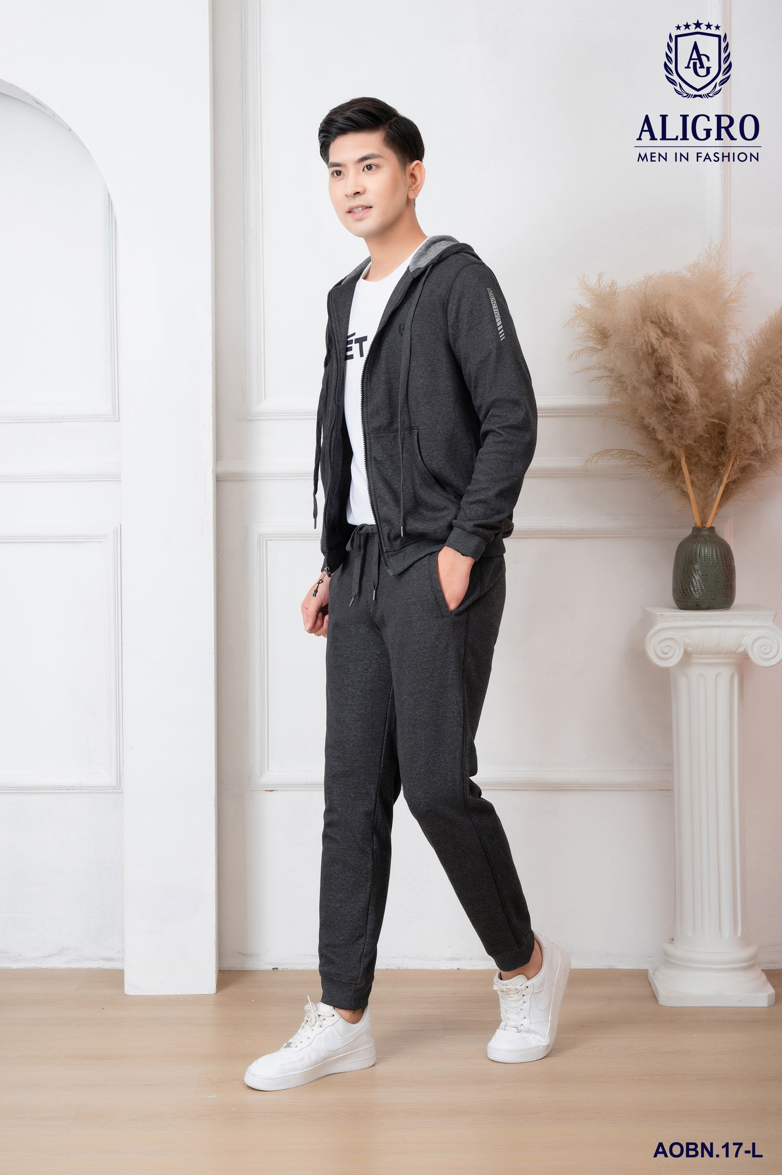 Bộ nỉ hoddie nam ALIGRO kéo khóa có mũ màu ghi đậm BN.17