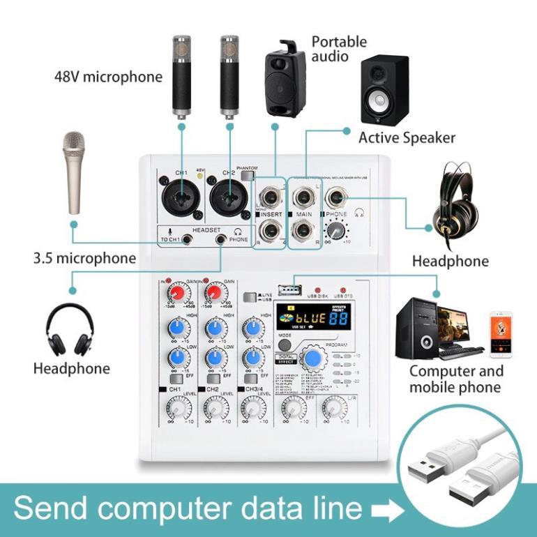 Mixer thu âm livestream karaoke E4 2 cổng micro XLR, 2 cổng phantom 48V, 1 cổng 3.5 cho micro 5v mode mới nhất 2021