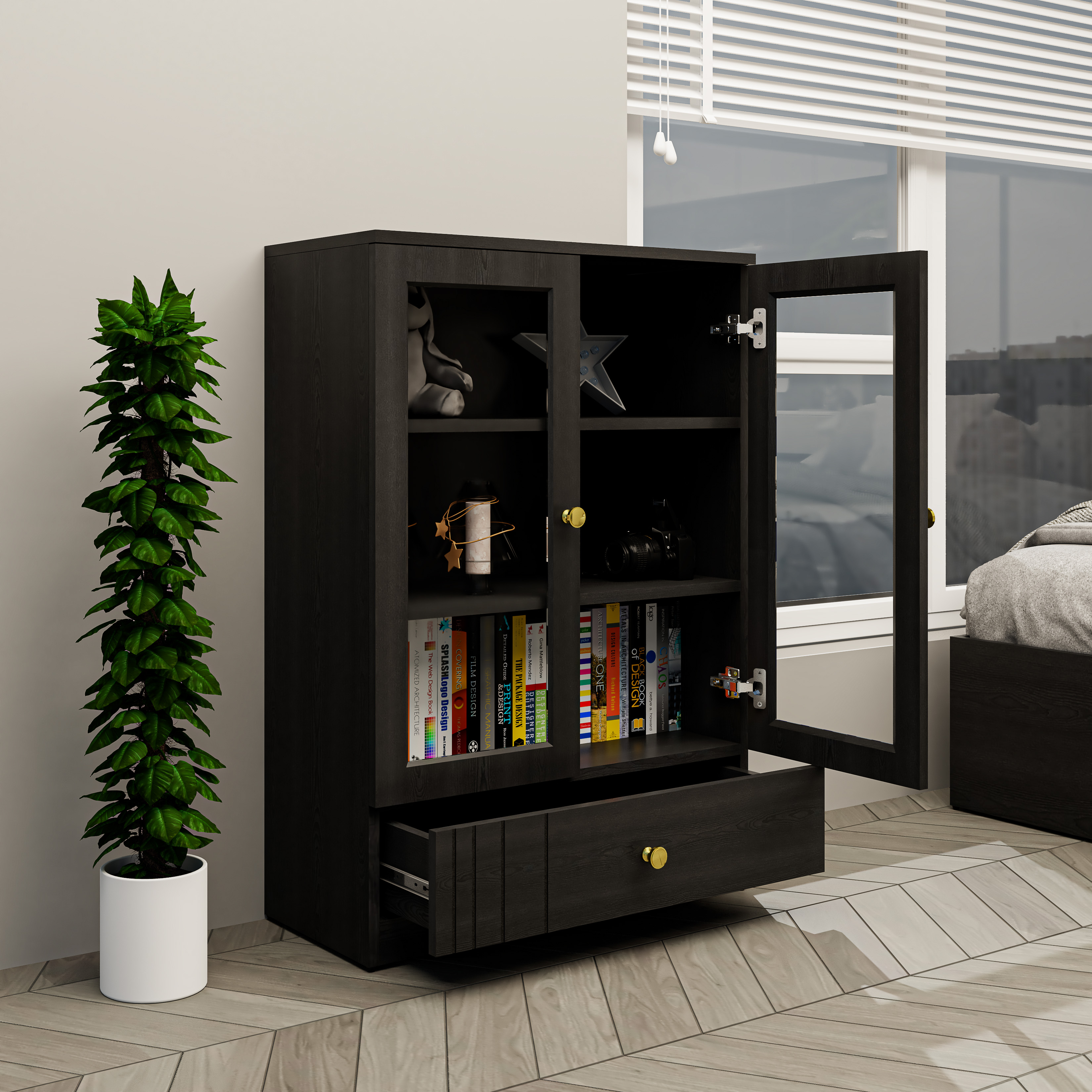 [Happy Home Furniture] JOVIE, Tủ lưu trữ cửa kính 1 ngăn kéo, 70cm x 32cm x 100cm ( DxRxC), TCM_162