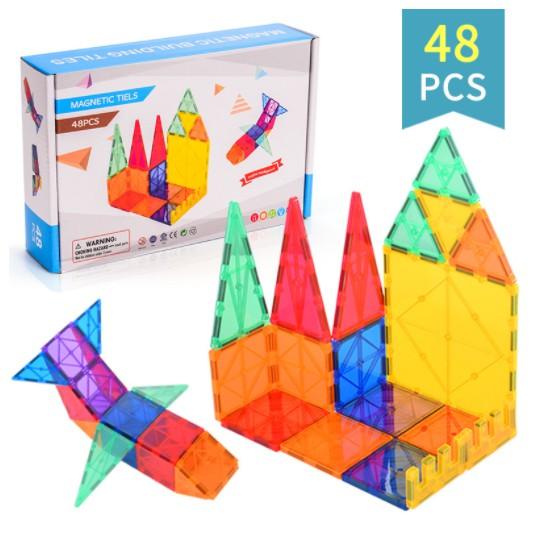 Bộ đồ chơi xếp hình nam châm miếng ghép từ tính trong suốt Magnetic Tiles 48pcs chi tiết tòa nhà, lâu đài