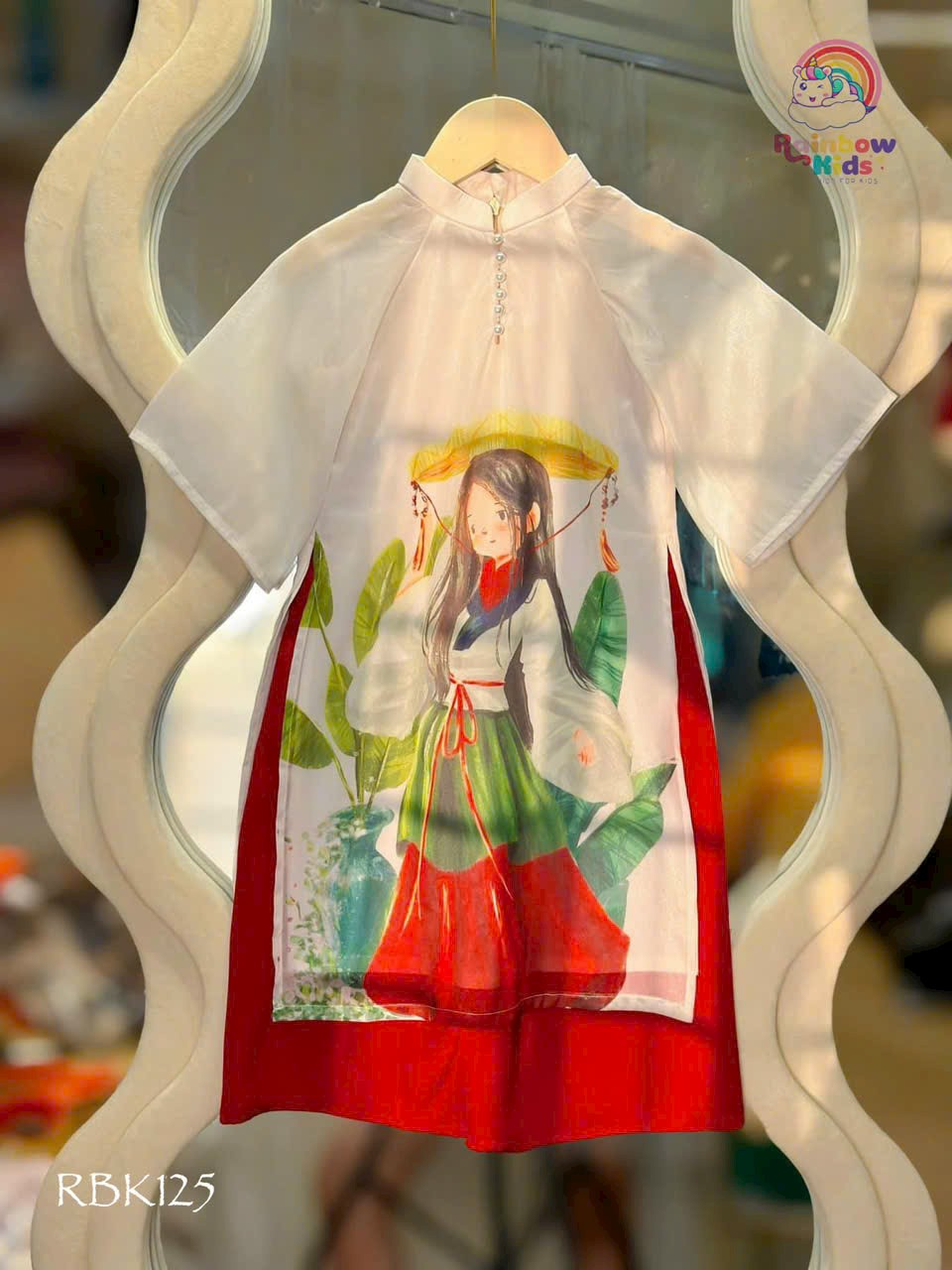 Áo dài cách tân bé gái, Set áo dài tết cho bé 1-9 tuổi hình hoa cúc vải tơ hàng thiết kế điệu đà thời trang