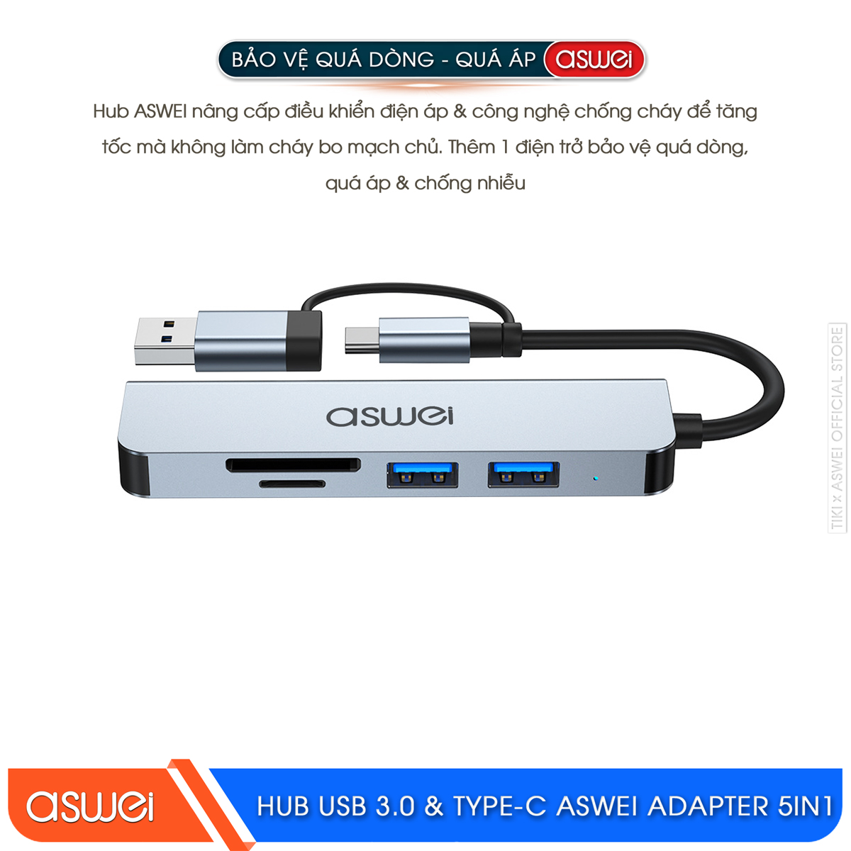 Hub USB 3.0 Và Hub Type C ASWEI 5 in 1 To USB 3.0, SD, TF - Hàng Chính Hãng