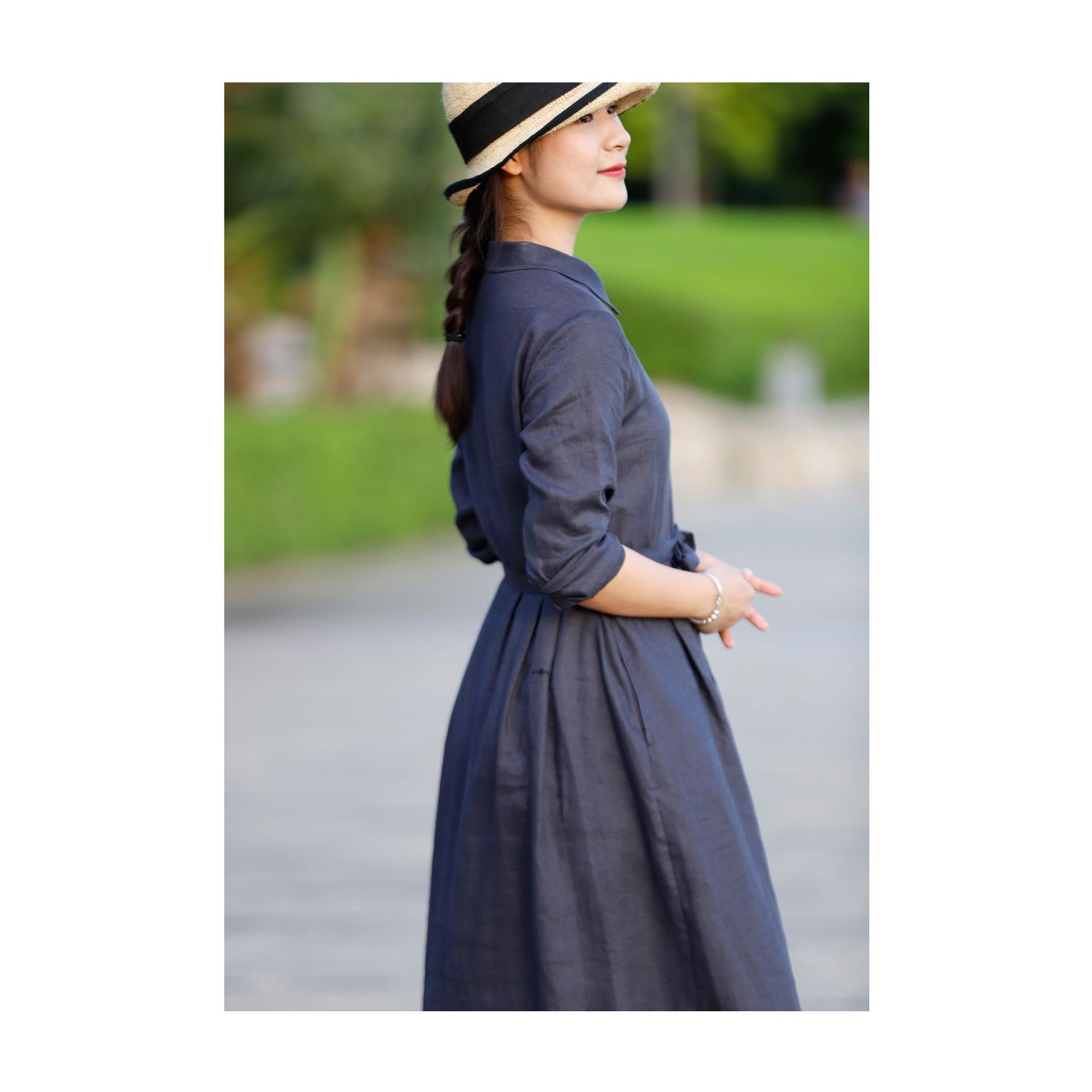 Đầm sơ mi nữ thời trang thiết kế dây thắt eo, chất linen mềm mát màu xanh đen thời trang hè cho nữ Da161