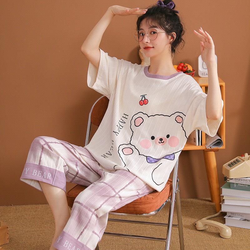 Bộ Mặc Nhà Pyjama Lửng Cộc Tay Cổ Tròn Cotton Co Dãn Mềm Mại
