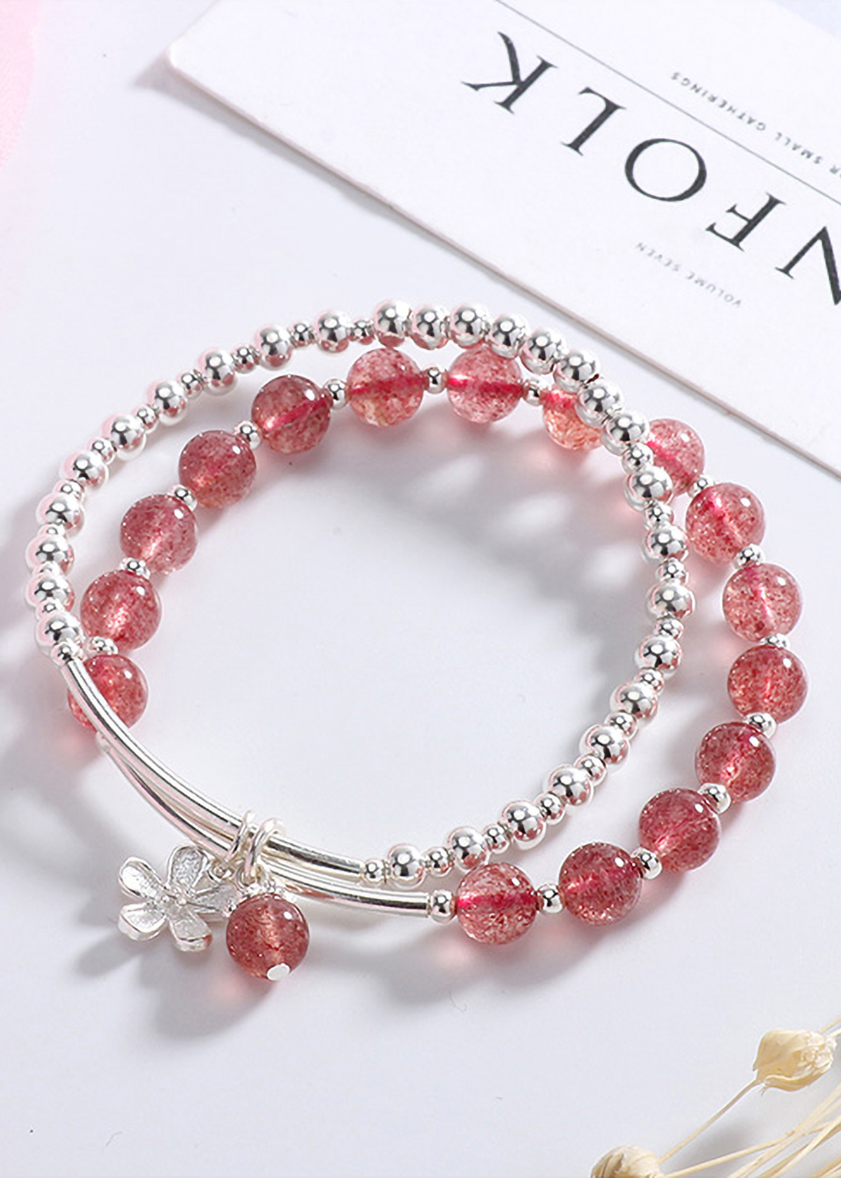 Vòng tay 2 line đá thạch anh dâu phối charm hoa bạc mệnh hỏa, thổ - Ngọc Quý Gemstones