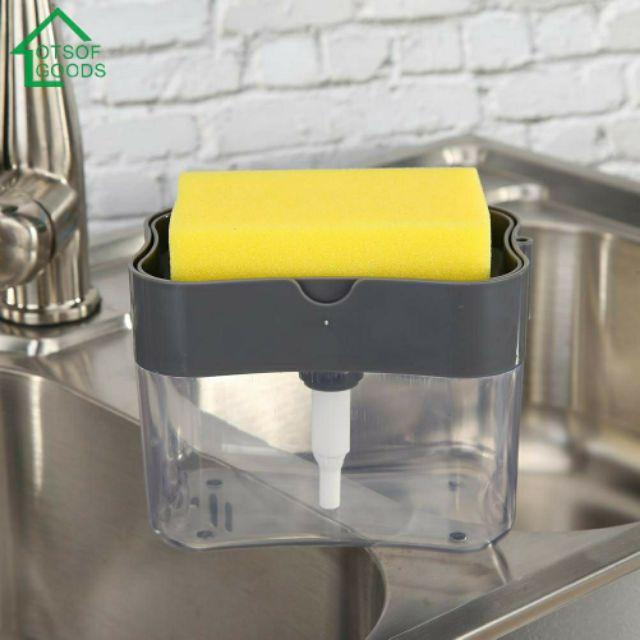 Hộp để xà phòng nhấn thả tặng kèm miếng rửa chén tạo bọt