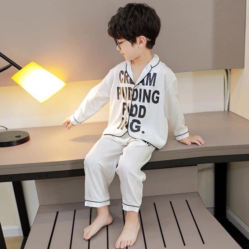 Bộ đồ ngủ dài tay cho bé trai và bé gái mặc đều xinh Pijama lụa dài tay in chữ cho bé từ 6-28Kg sâu shop