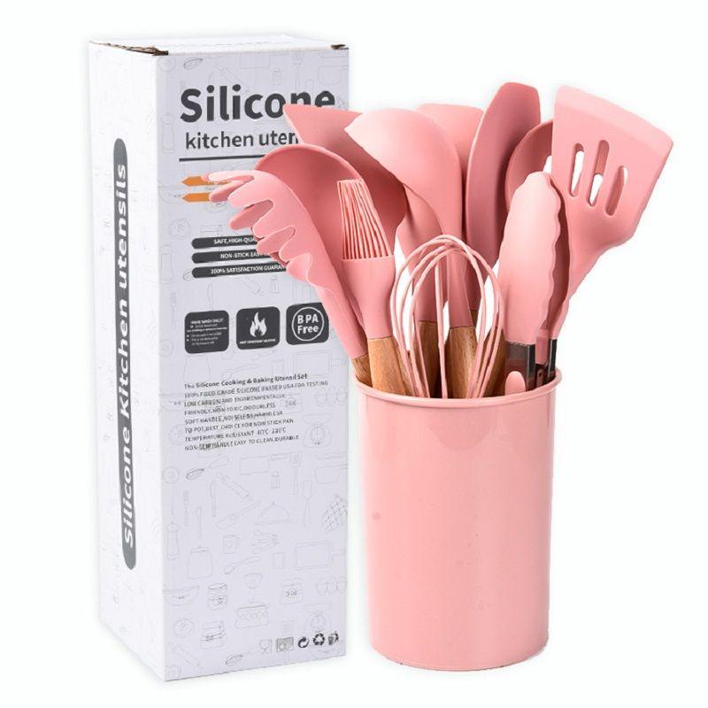 Bộ Dụng Cụ Nấu Ăn Bằng Silicone Cán Gỗ Tiện Dụng