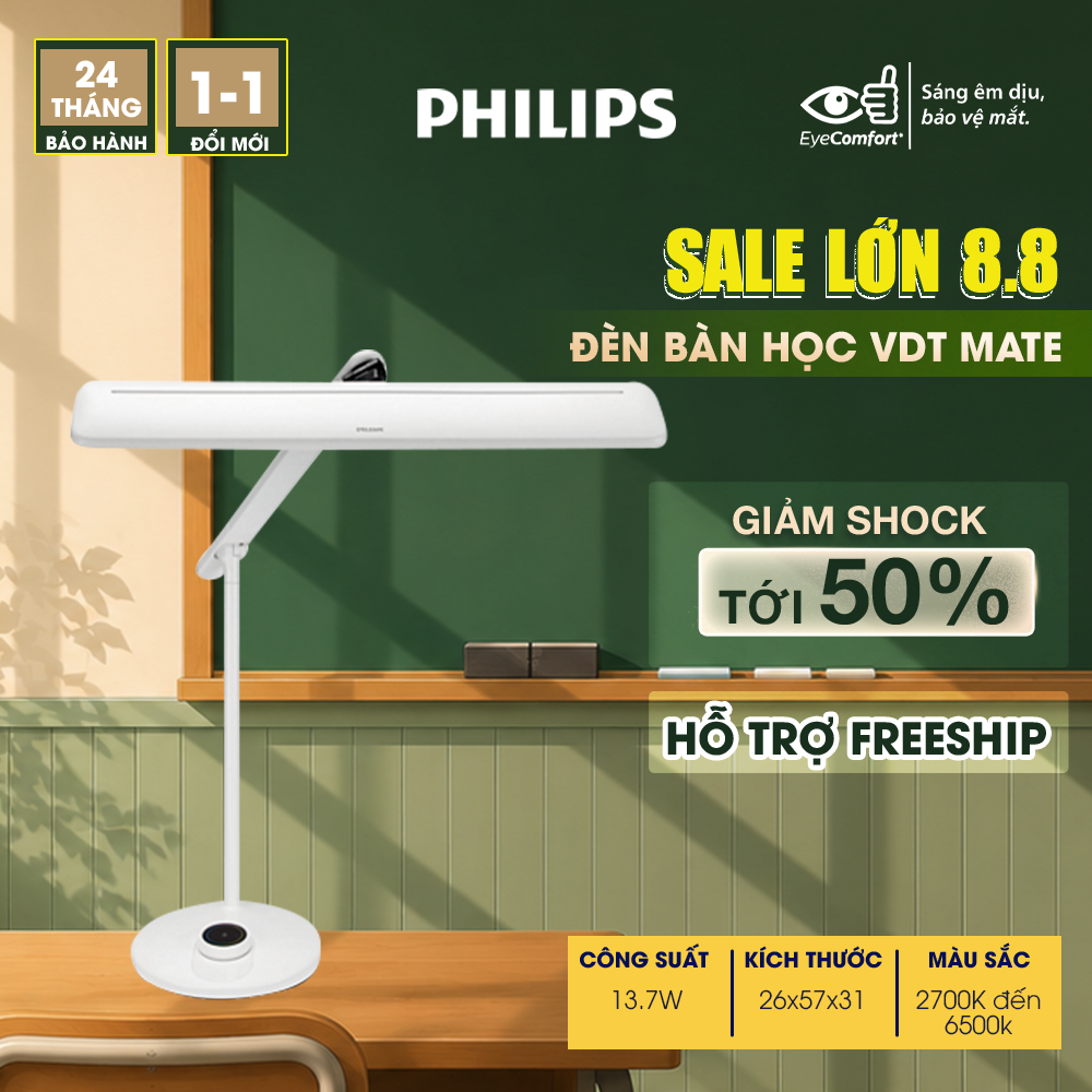 Đèn bàn Philips LED VDTMate DSK501 13.7W - điều chỉnh màu ánh sáng 2700K-6500K, bảo vệ mắt, chống cận thị