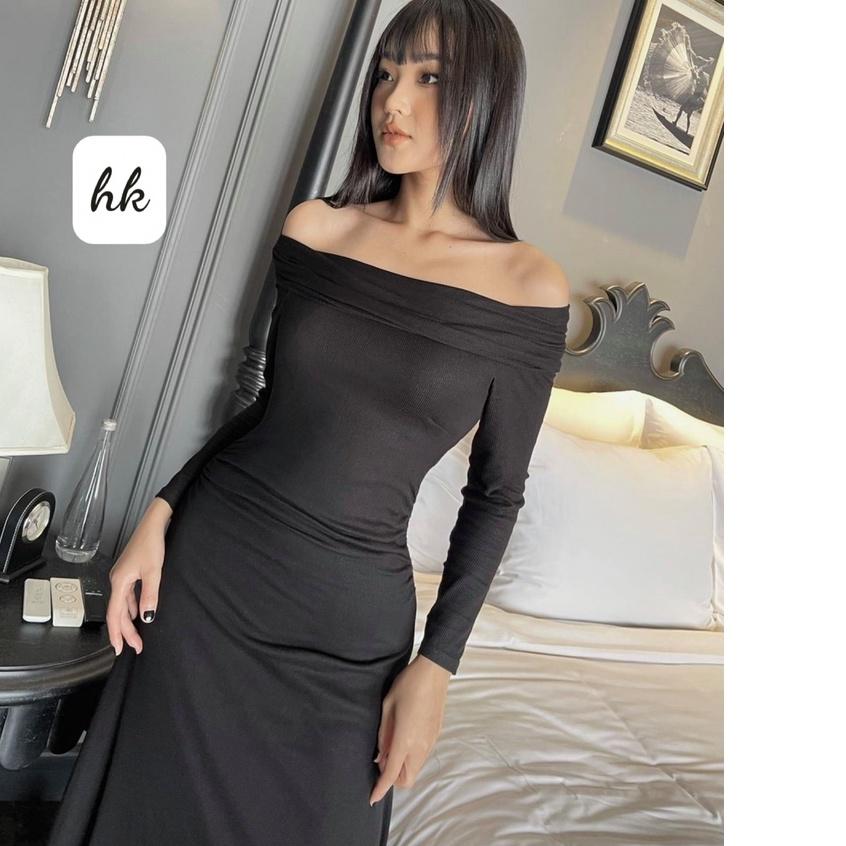 Đầm body nữ dáng dài, tay dài trễ vai, ôm dáng sexy, chất liệu len co giãn- December Fashion