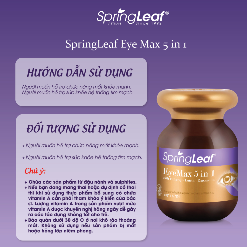 Viên uống bổ mắt giúp mắt khỏe mạnh và hỗ trợ duy trì sức khỏe điểm vàng SpringLeaf EyeMax 5 in 1 60 viên