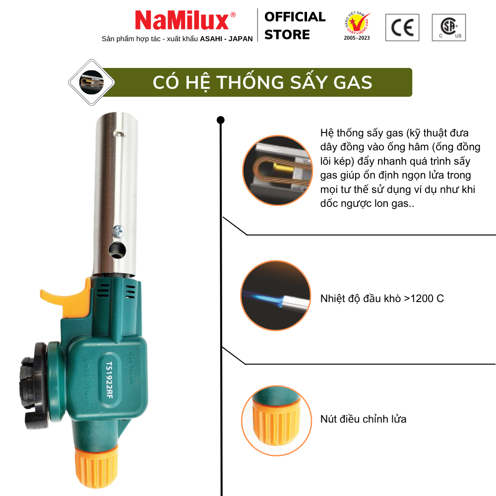 Đèn Khò Gas NaMilux TS1922RF/NH-T2922RF - Sử Dụng Mọi Tư Thế 360° - Đánh Lửa Tự Động -Công Suất 1,800W - Hàng Chính Hãng