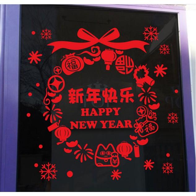 Decal trang trí Tết - Vòng Tròn chữ Happy New Year đỏ