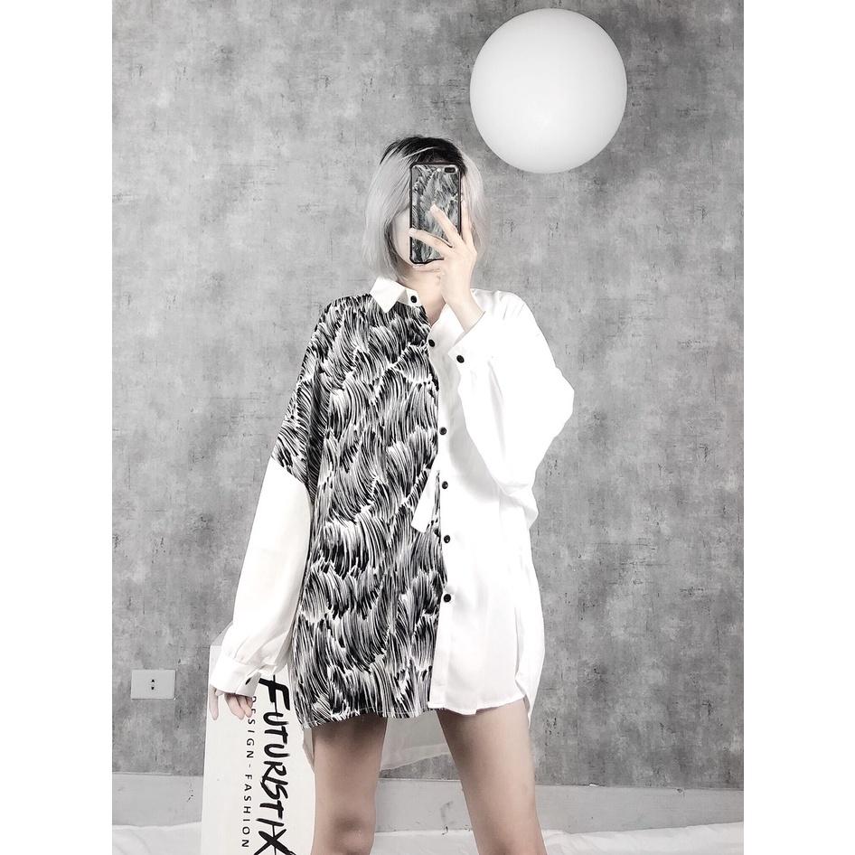Sơmi White And Black Mix Nửa Thân, Áo sơ mi nữ form rộng phối lụa hàn họa tiết