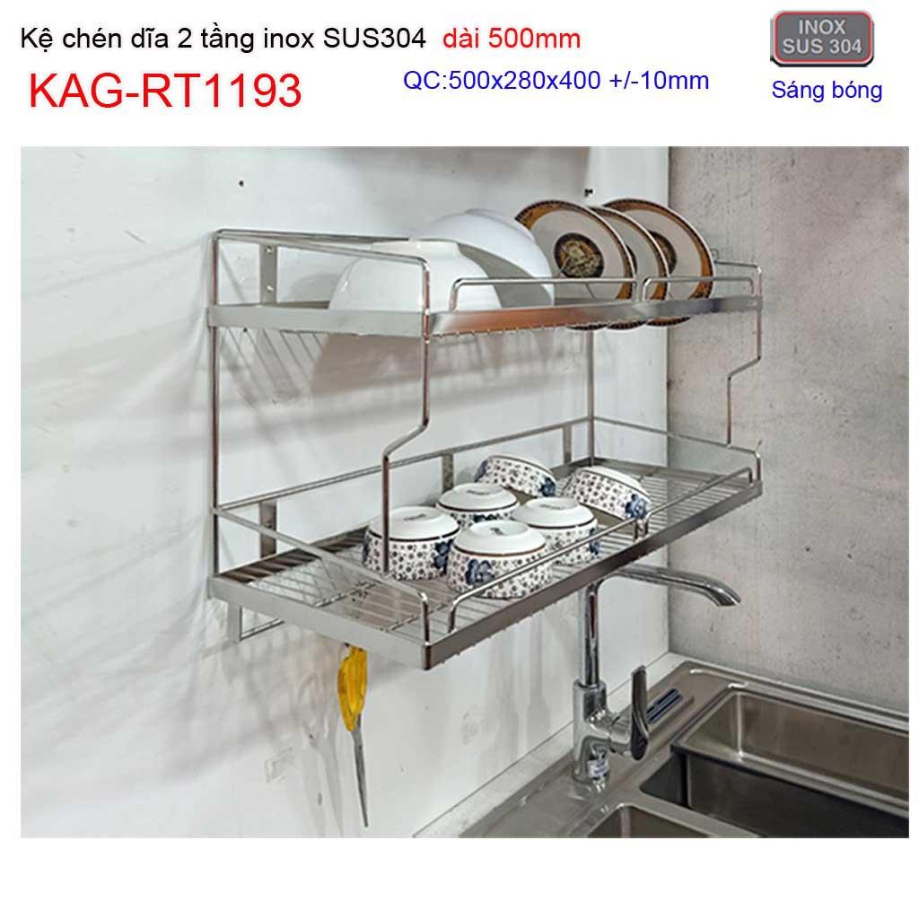Kệ đựng chén bát inox SUS304, kệ úp chén dĩa 2 tầng inox 304 dài 50cm KAG-RT1193