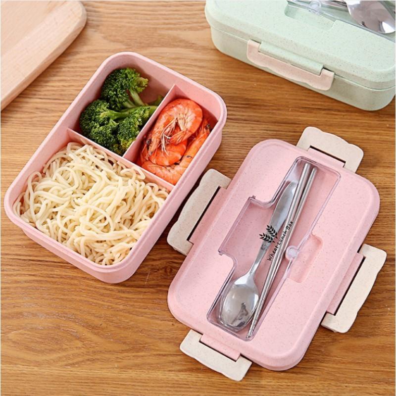 Hộp cơm lúa mạch 3 ngăn kèm đũa thìa inox
