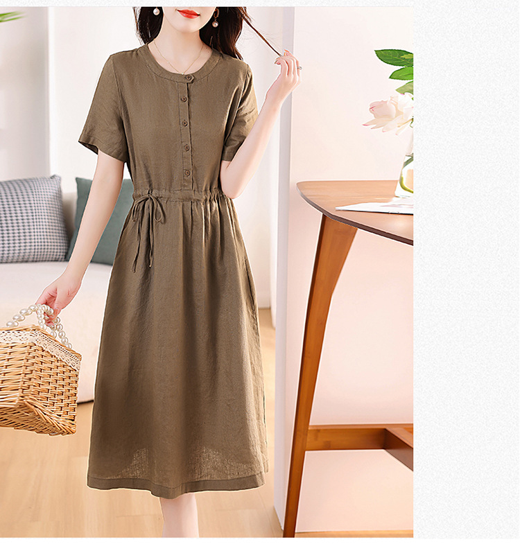 Đầm linen nữ trơn tay ngắn kết hợp phối cúc và rút eo , có nhiều màu dễ mặc đi chơi hay đi làm Da217