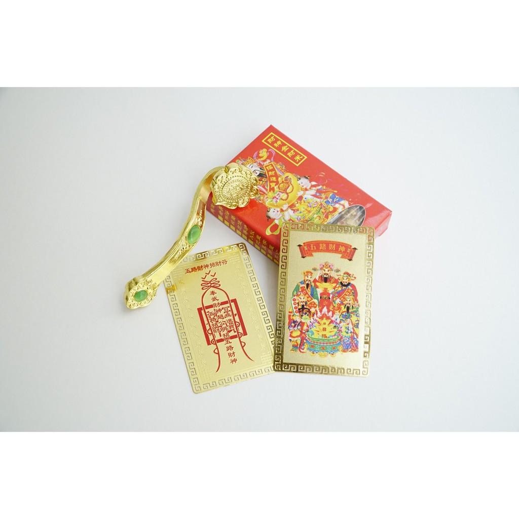 Bộ Ngũ Lộ Thần Tài Phù + Gạo vàng + Gậy Như Ý tài lộc giàu có