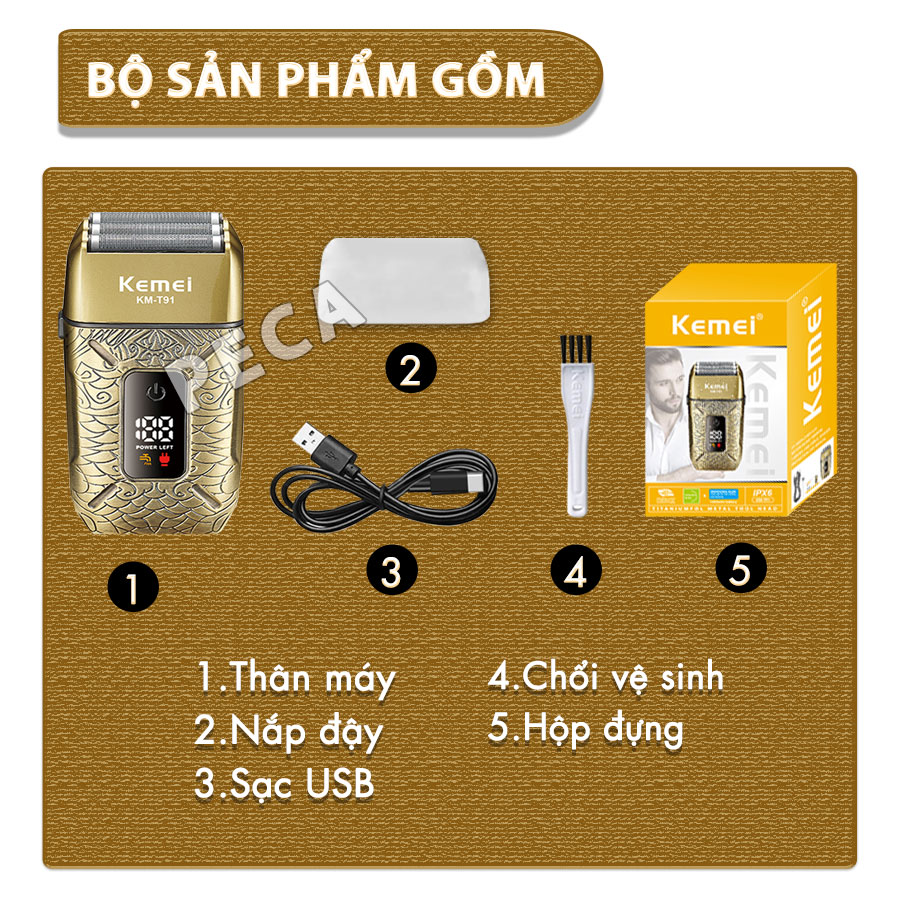 Máy cạo râu Kemei KM-T91 lưỡi nổi 3D cạo sạch nhanh, màn hình LCD, công suất mạnh mẽ 5W - Hàng chính hãng