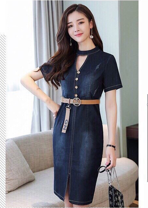 Đầm Jean Nữ Xẻ Ngực Đính Nút Thời Trang