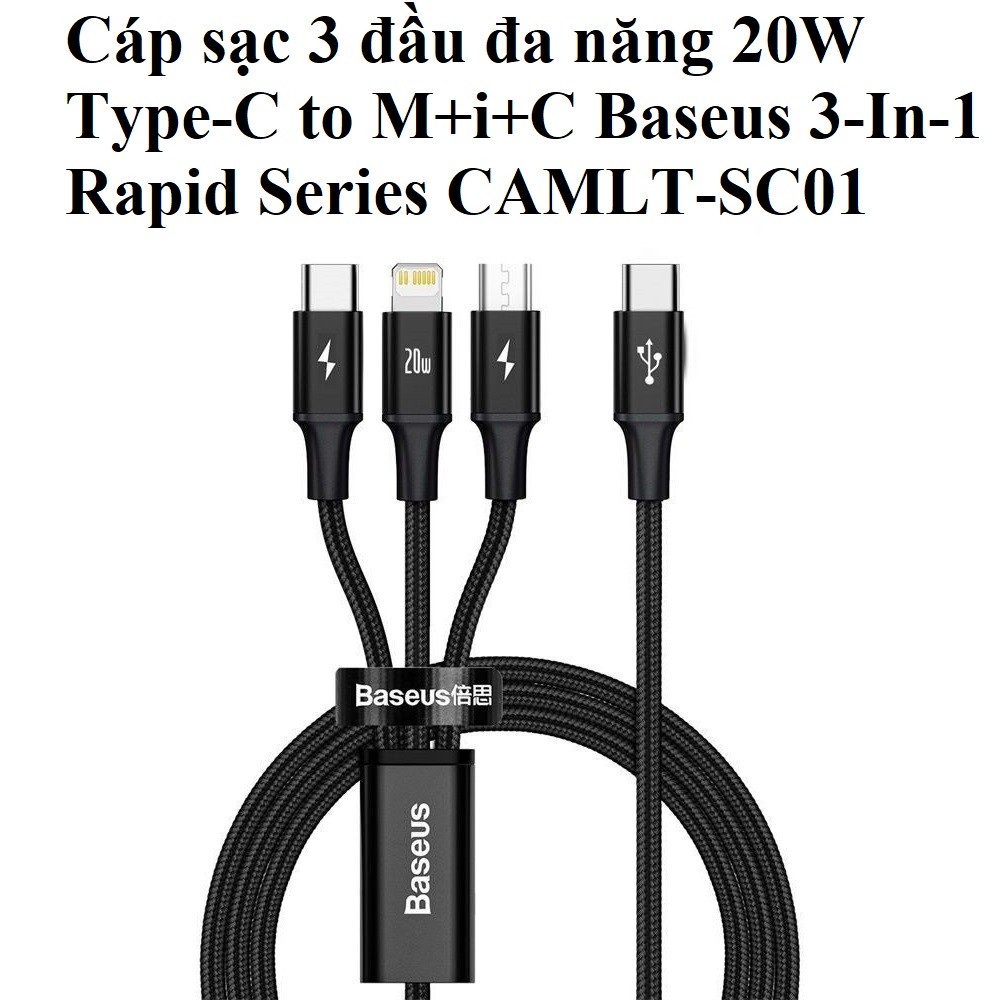 Hình ảnh Cáp sạc 3 đầu đa năng 20W Type-C to M+i+C Baseus 3-In-1 Rapid Series CAMLT-SC01 - Hàng chính hãng