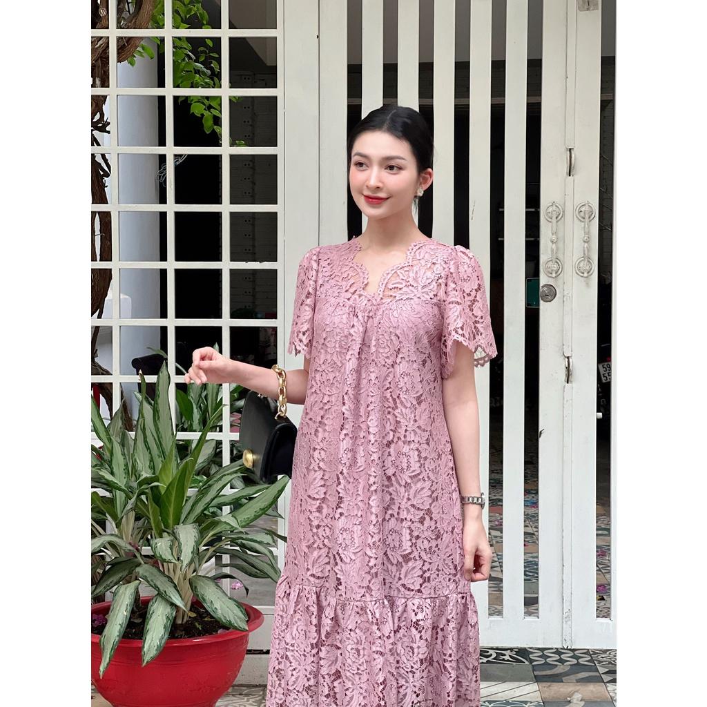 SHEAZ Đầm ren hồng dài midi dáng suông dáng bầu tay ngắn cổ V